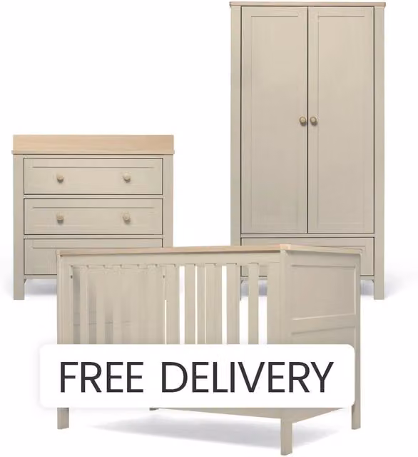 Mamas & Papas Wedmore 3 Piece Small Cotbed Nursery Furniture Set in Cashmere and Oak, including Convertible Cotbed, Dresser Changer and Wardrobe