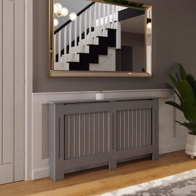 FWStyle Grey Vertical Slat Radiator Cover with Top Shelf Storage in MDF