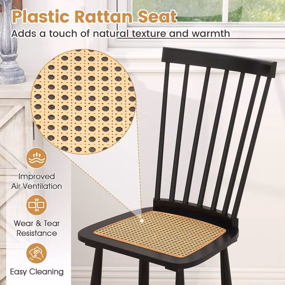 Costway Set of 2 Windsor Dining Chairs in Black with Spindle Back and PE Rattan Seat – 5