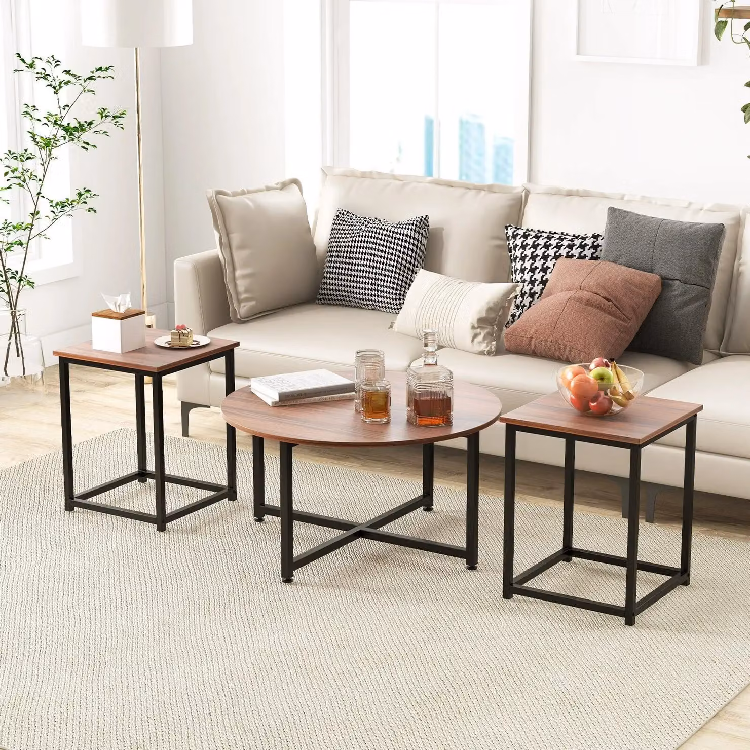 Costway Modern 3-Piece Coffee and End Table Set in Brown with Geometric Metal Frames – 2