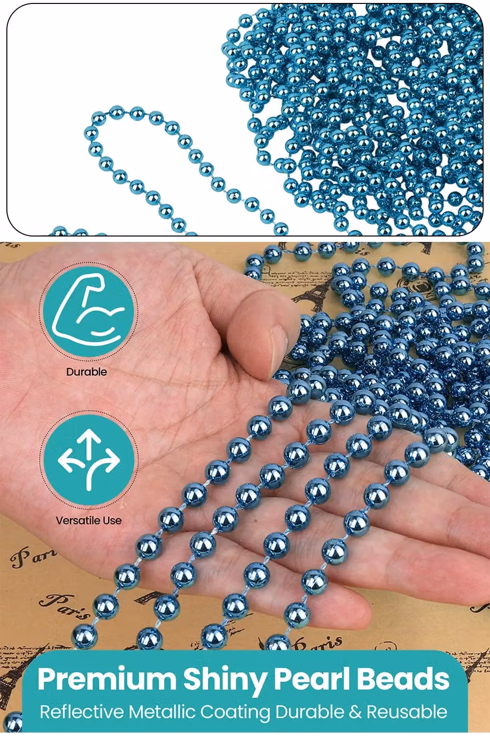 Neel Blue Metallic Christmas Bead Chain, 9m Shiny Pearl Garland in Teal and Turquoise – 3