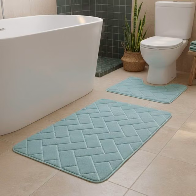 Snug City City Block Design Memory Foam Bath Mat Set in Turquoise, W: 80 cm, D: 50 cm
