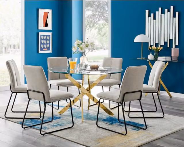 Furniturebox UK Novara Gold Leg Round Glass Dining Table and 6 Halle Chairs in Beige
