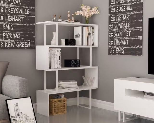 Decorotika 4-Tier Industrial Geometric Bookshelf, White, W/D/H: 120 x 90 x 40 cm