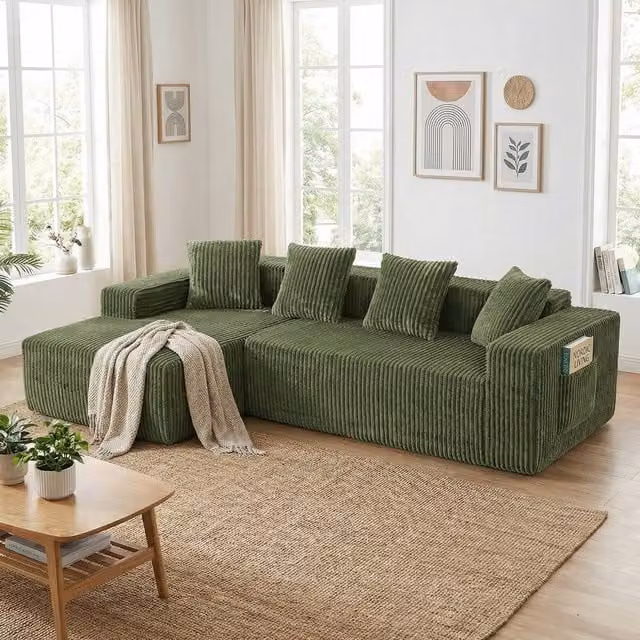 Dprodo 4 Seater Modular Left L-Shaped Sectional Sofa in Green Velvet Cord Fabric – 1
