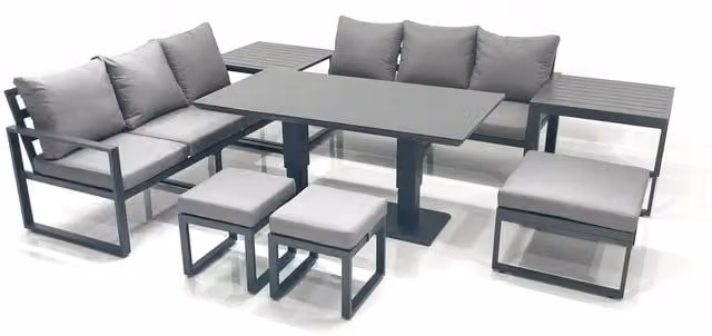Fimous 9 Seater Aluminium Outdoor Garden Furniture Set in Dark Grey with Adjustable Rising Lifting Dining Table, 3 Seater Sofa, 3 Footstools and 2 Side Tables