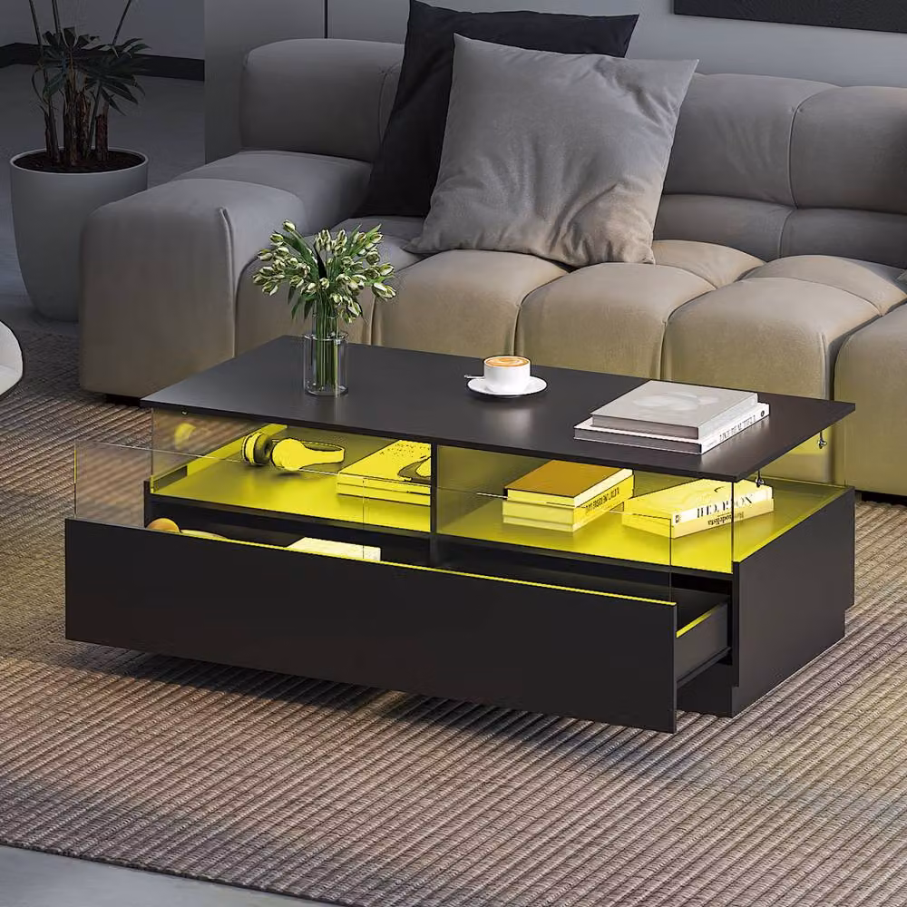 KEEPREAPER Modern Rectangular LED Coffee Table with 2 Drawers in Black – 3