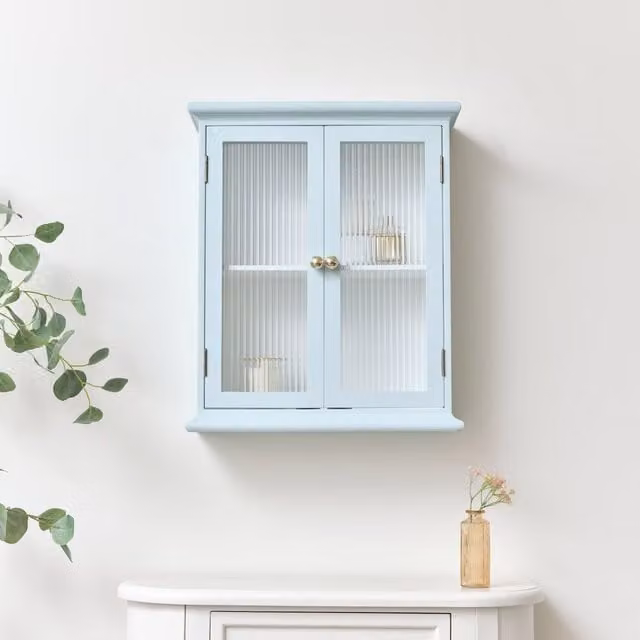 Melody Maison Duck Egg Blue Reeded Glass Wall Cabinet with Gold Accents