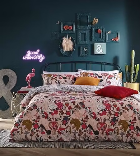 Furn Inked Reversible Tattoo Inspired Polycotton Duvet Cover Set in Pink – 1