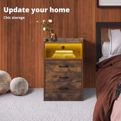 Levede Bedside Table with Charging Station and 3 Drawers, Rustic Brown with LED Lighting and USB Outlets – 3