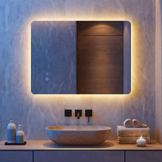 Gymax Backlit LED Bathroom Mirror in Silver with Smart Touch Defogging and Timer, W: 70 cm, H: 50 cm