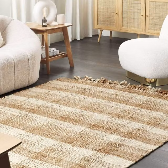 Wyld and Coco Beige Geometric Jute and Cotton Woven Area Rug with Fringes, W: 140 cm, L: 200 cm – 1