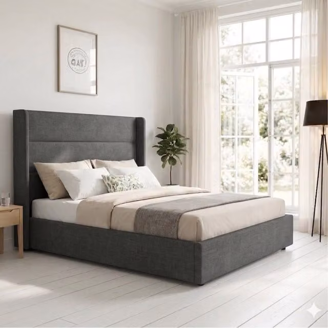 OAT Home Wilmslow Winged Upholstered Ottoman Storage Bed in Grey, 140 x 200 cm