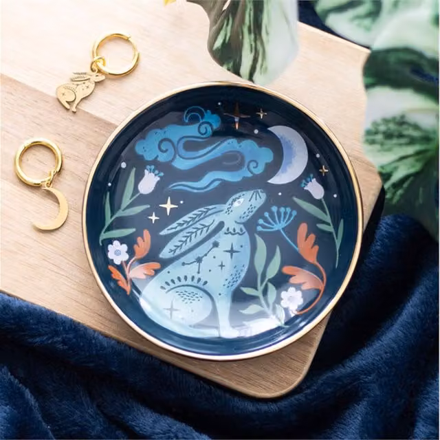 KDMK Moonlit Hare Ceramic Trinket Dish, Round, Multicolour and Gold