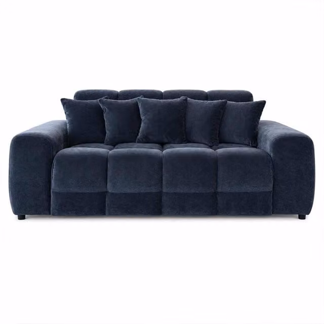 Furnishings For Less UK Jenson 3 Seater Black Plush Velvet Sofa with Deep Seats and Scatter Cushions W: 215 cm, H: 90 cm, D: 105 cm – 1