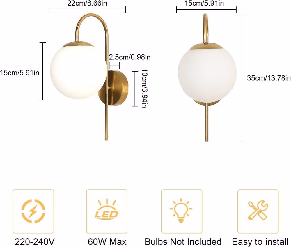 Goeco Modern Indoor Wall Lamp with White Glass Sphere Lampshade in Gold/Brass – 2
