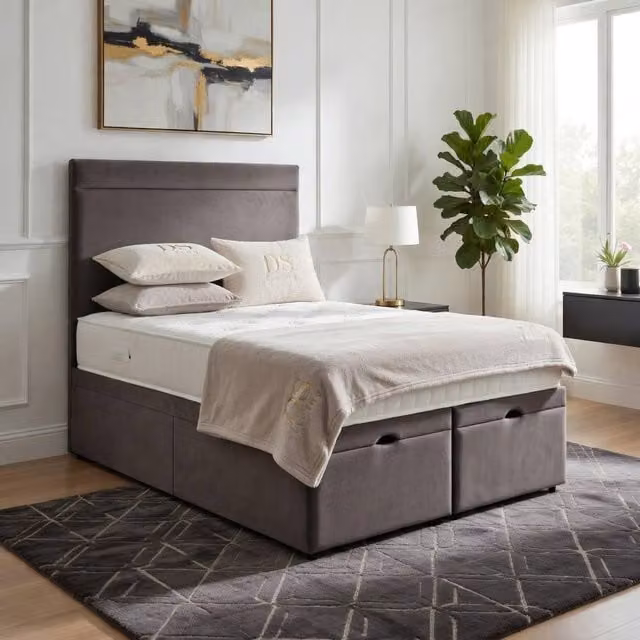 DS Living Majesty Grey Velvet Upholstered Ottoman Bed W/D/H: 180 x 200 cm