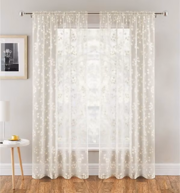 Tyrone Textiles Pair of Floral Print Sheer Linen Look Voile Curtain Panels in Yellow and White, Width: 137 cm