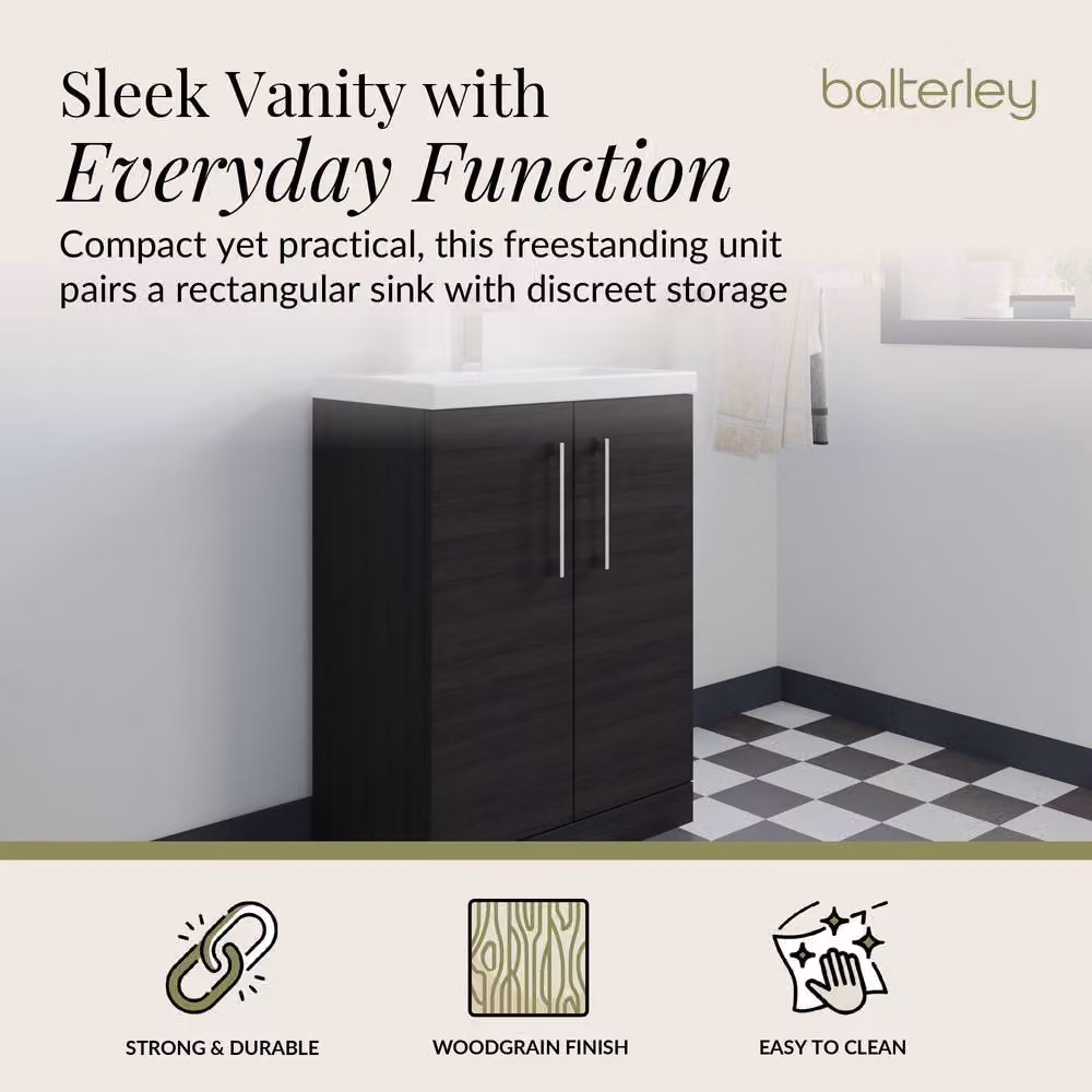 Balterley Modern Black Wood Freestanding Bathroom Vanity Unit with Soft Close Hinged Doors and Chrome Handles, Width: 50 cm – 2