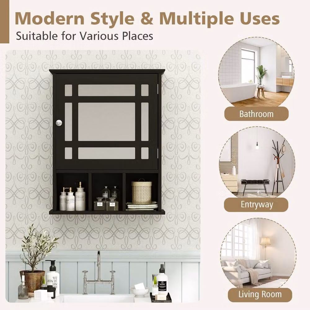 Gymax Wall-Mounted Black Bathroom Storage Cabinet with Mirror Doors and Internal Shelves – 6