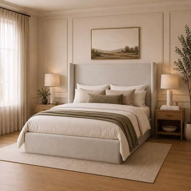 Desire Deco Lynx Wingback Upholstered Bed Frame in Beige, Super King Size – 1