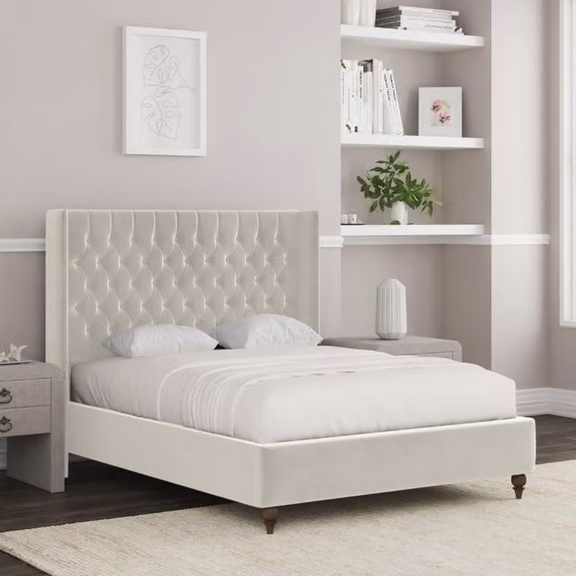 Zaye Living Manhattan King Size Upholstered Velvet Bed Frame in Beige