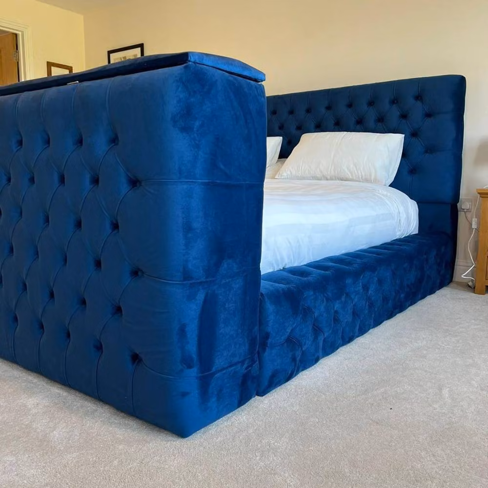 Stratus Interiors Ambassador Blue Velvet TV Bed with Built-In Lift and Solid Wood Frame, W/D/H: 140 x 200 x 127 cm – 2