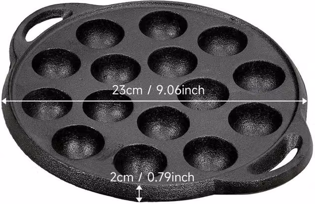 FORGEVIO C-15 Cast Iron Takoyaki Pan with 15 Holes, Black, Diameter: 23 cm