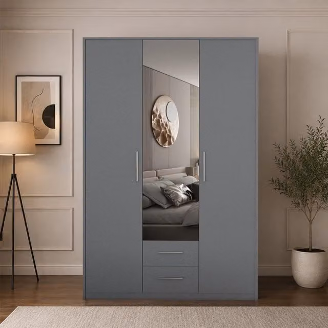 Swindon Modern 3 Door Grey Wardrobe with Mirror and Integrated Drawers, Width: 120 cm
