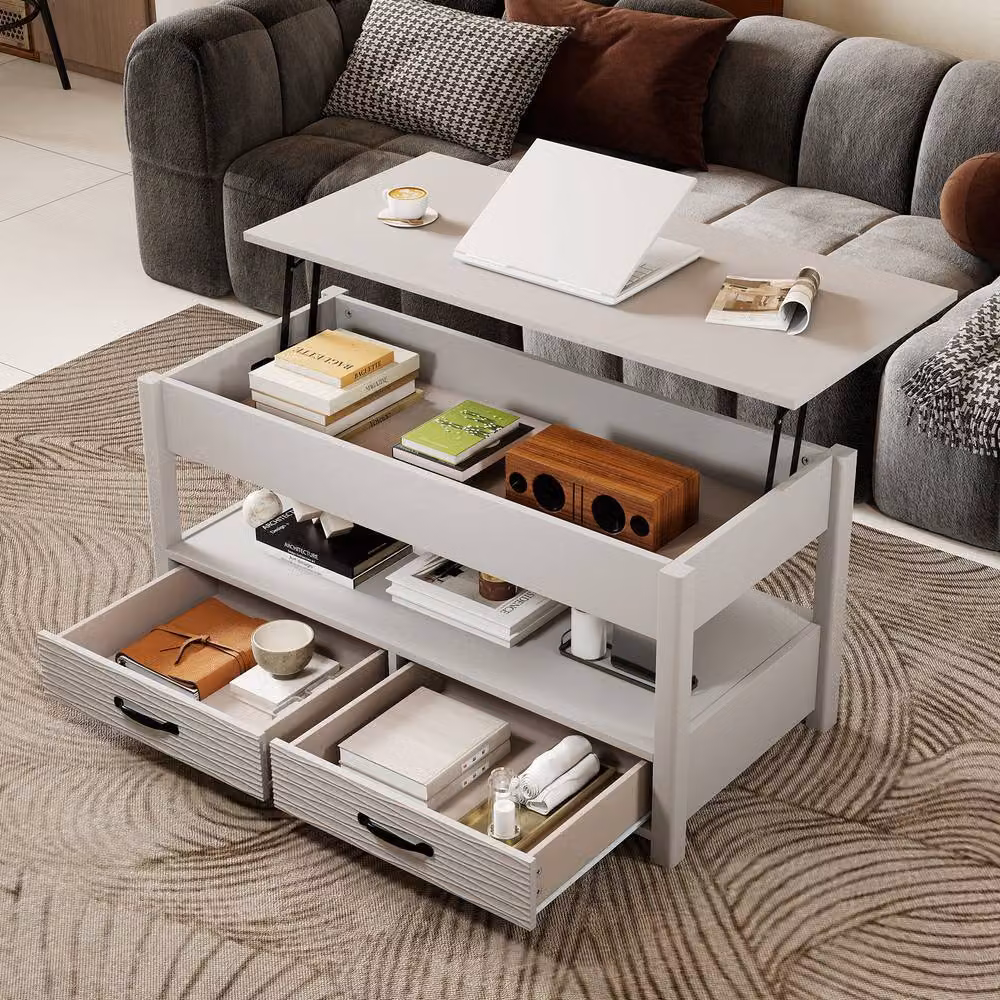 Gymax Rustic Lift Top Coffee Table with Hidden Compartments in Grey, W/D/H: 100 x 63.5 x 45 cm – 5