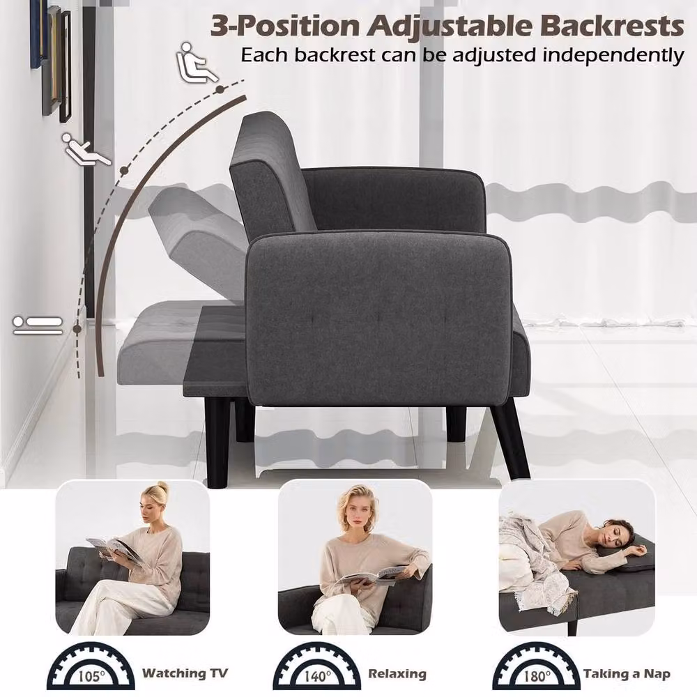 KORVIXA Grey Convertible Futon Sofa Bed with Adjustable Headrests and Solid Wood Frame, 164 cm – 3