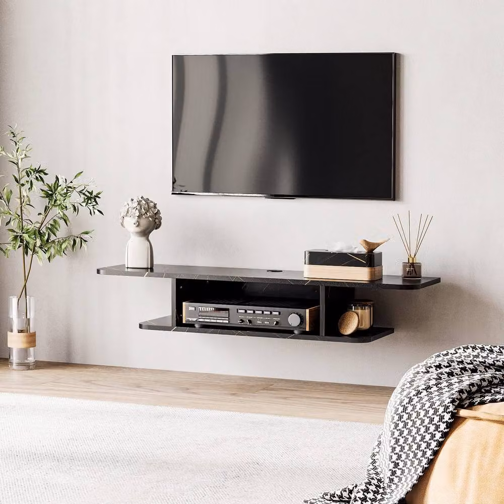 STILVORA Modern Wall Mounted Floating TV Unit with Media Compartments in Matt Black – 3