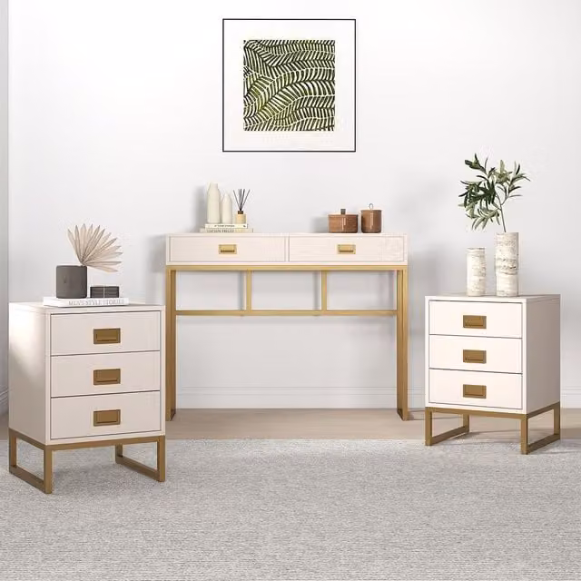 Melody Maison Elle Stone Range Large 2 Drawer Dressing Table and Pair of 3 Drawer Bedside Tables in Beige and Gold – 1