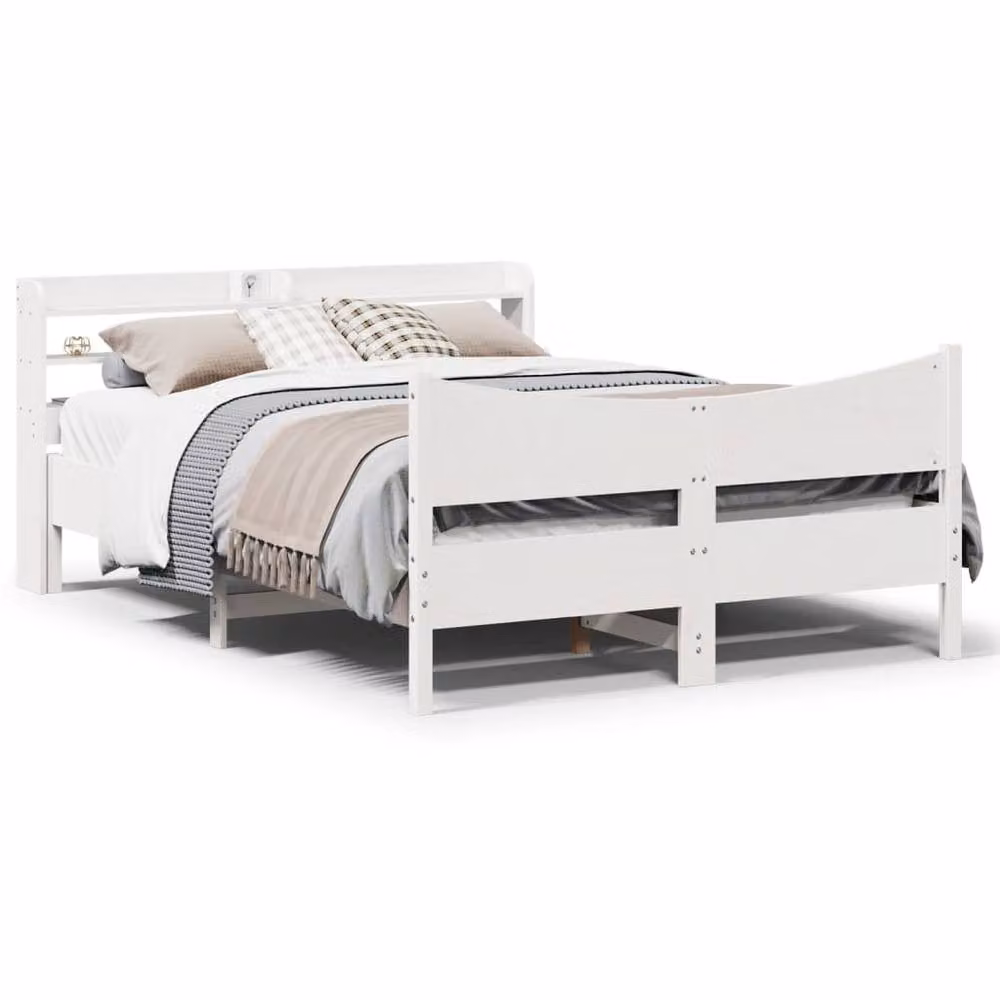Berkfield Home Sleek Double Bed Frame with Headboard in White Solid Pine, W/D/H: 135 x 190 x 82 cm – 2