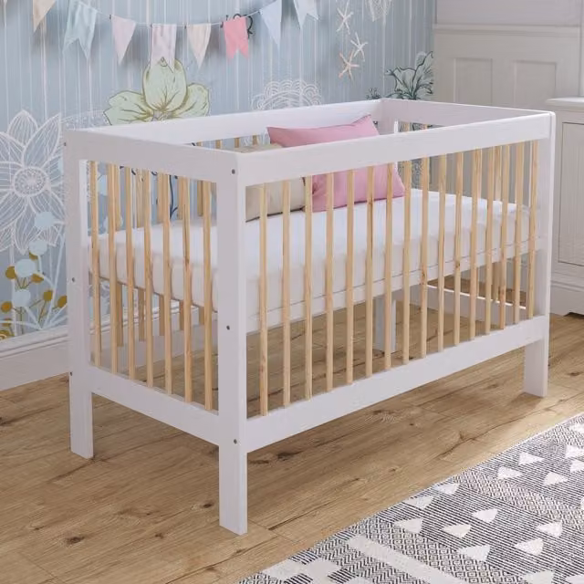 Love For Sleep Luca Cot Bed in White and Pine with Drop Side, W/D/H: 120 x 60 x 60 cm