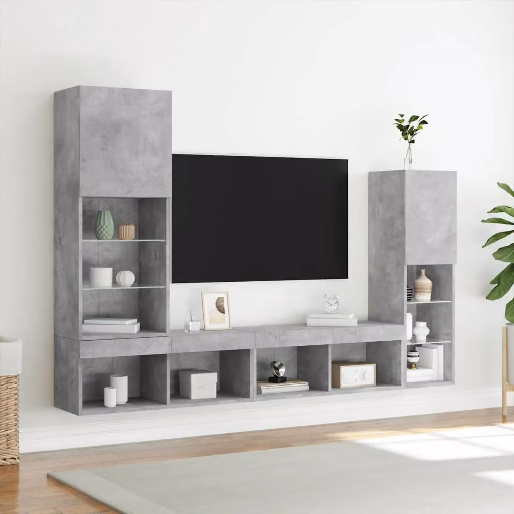 Berkfield Home 4 Piece Modern Wall Mounted TV Unit Set in Concrete Grey with Integrated LED Lighting and Media Compartments – 4