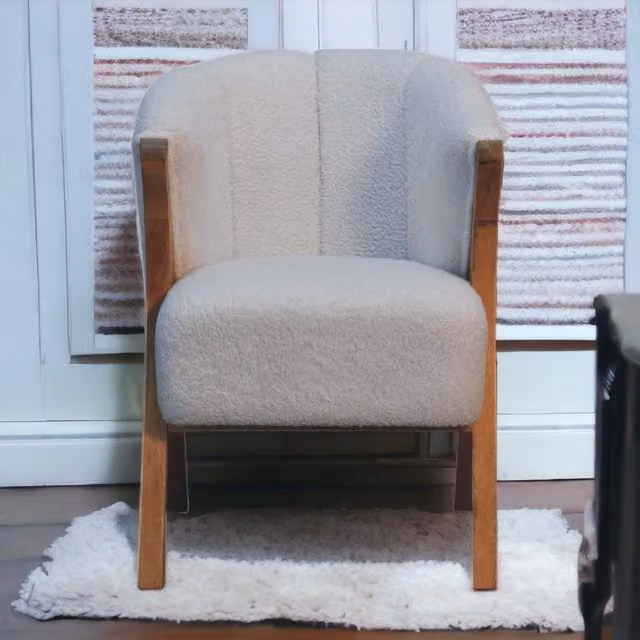 Artisan Furniture Minimalist White Boucle Chair with Mango Wood Frame in White and Brown