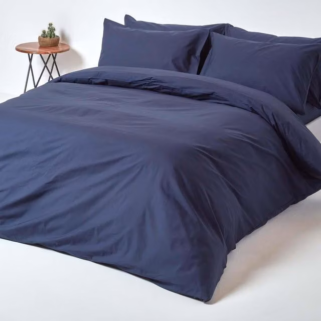 Homescapes Blue Combed Cotton Percale Duvet Cover and Pillowcase Set, W/D/H: 200 x 200 cm