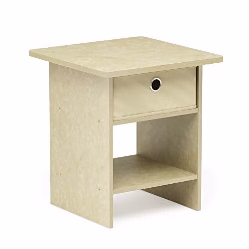 Furinno Dario End Table and Night Stand with Bin Drawer, Cream Faux Marble and Ivory