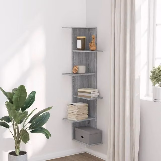 Berkfield Home Wall Mounted Corner Shelf in Grey Sonoma, W/D/H: 36.5 x 36.5 x 140 cm