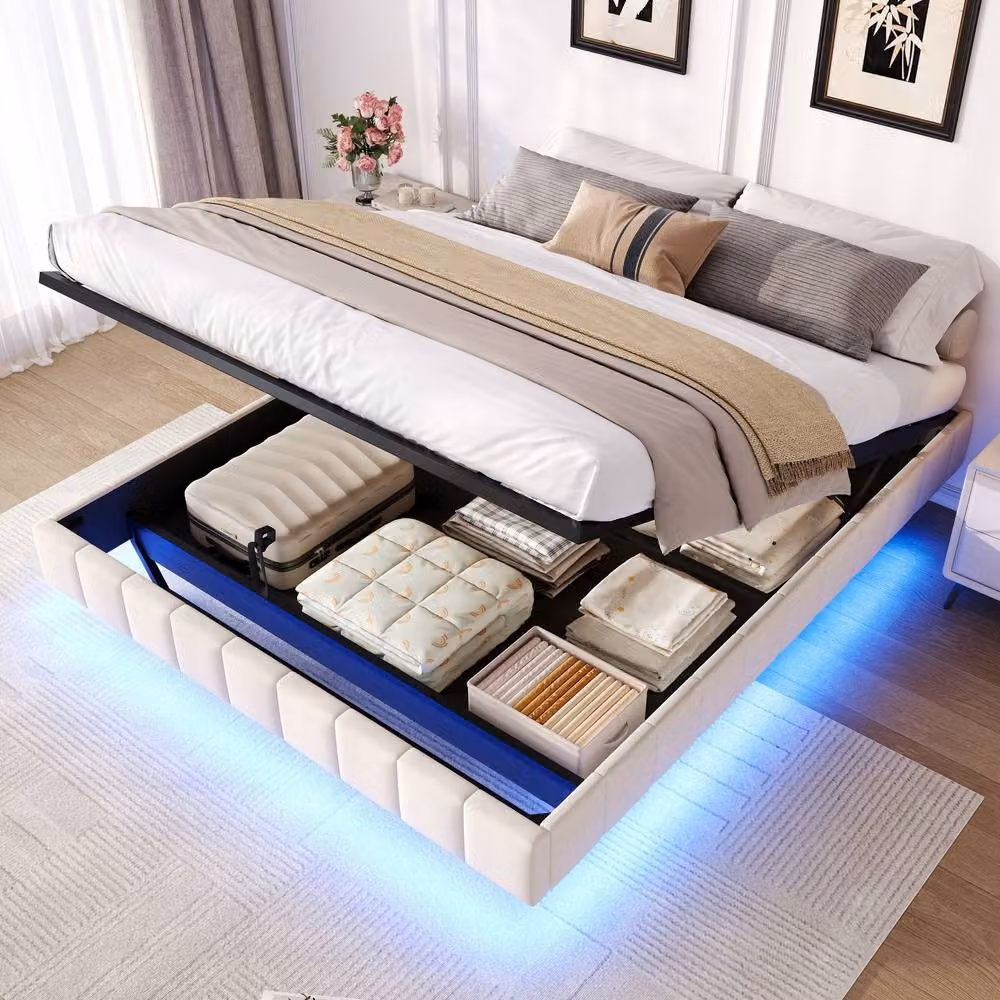 Merax Double Floating Upholstered Bed Frame with Hydraulic Storage and Under-Bed Lighting in Beige, W/D/H: 140 x 200 x 32 cm – 2