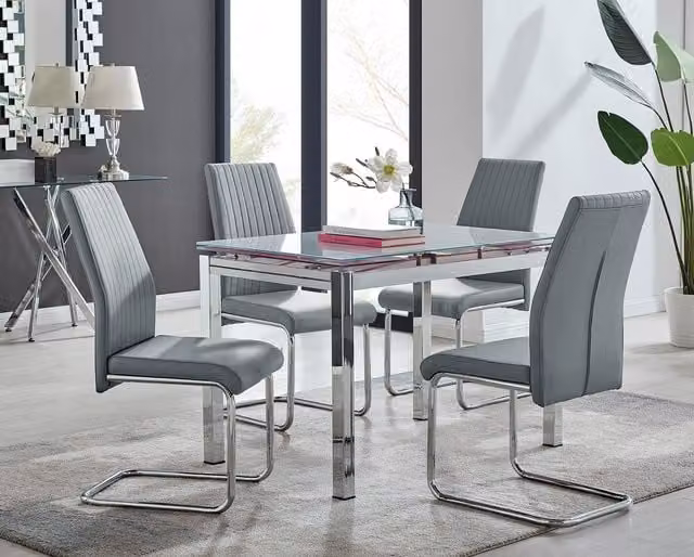 FurnitureboxUK Enna White Glossy Glass Extending 4-6 Seater Rectangular Dining Table and 4 Lorenzo Grey Faux Leather Chairs – 1