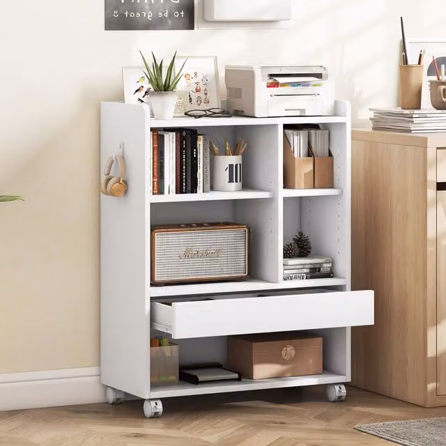 Costway Mobile Storage Cabinet with Drawer and Adjustable Shelves in White