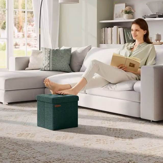 SONGMICS Small Foldable Storage Ottoman Foot Rest in Dark Green – 1