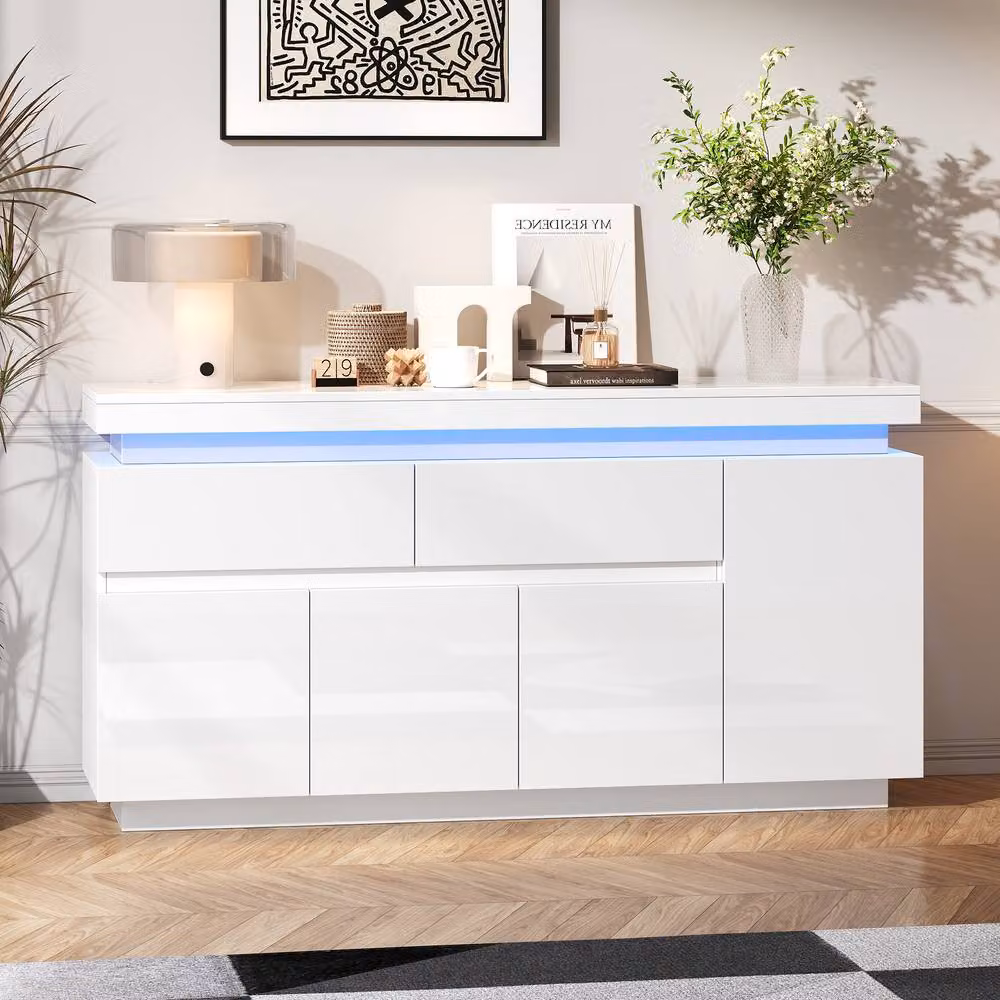 BTM Modern High Gloss White Sideboard with Integrated LED Lighting and Drawers, W/D/H: 140.0 x 35.0 x 72.5 cm – 2