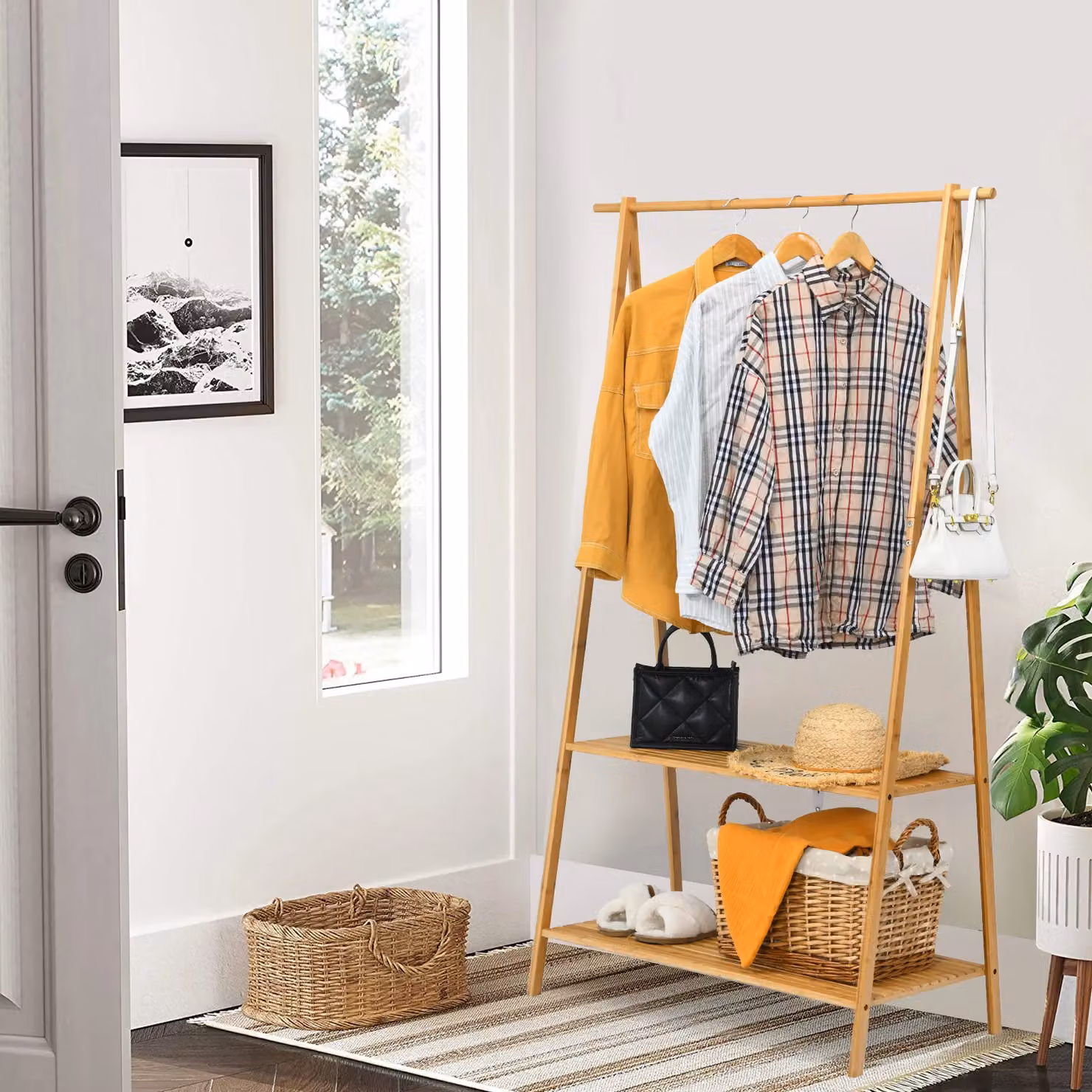 Costway Bamboo Freestanding Garment Rack with 2 Storage Shelves in Natural Wood – 2