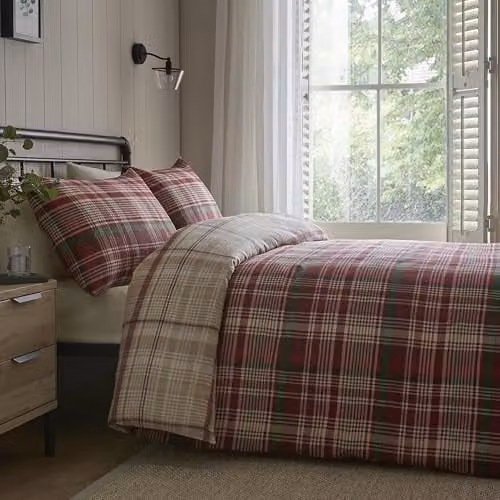 Dreams & Drapes Bennet Check Red Flannelette Cotton Duvet Cover and Pillowcase Set – 1