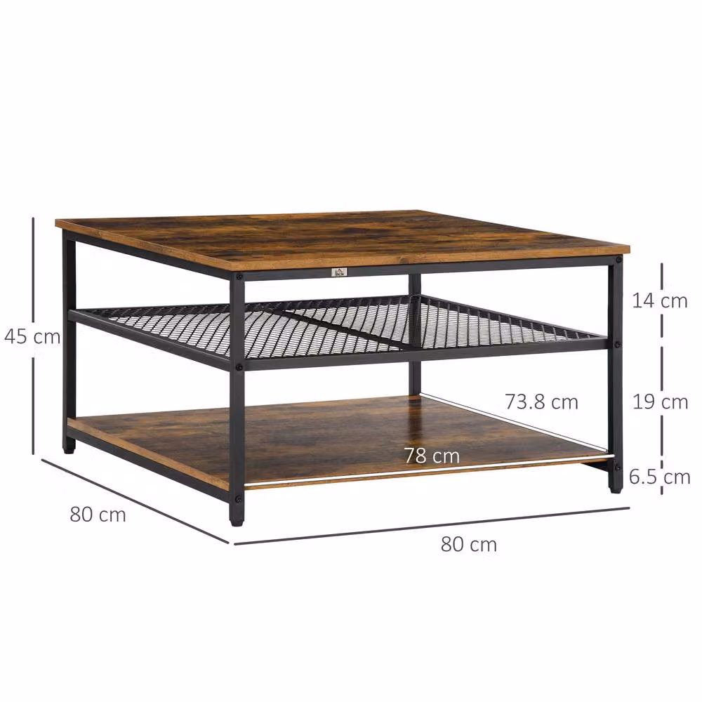 STILVORA Industrial Coffee Table with 3-Tier Wood and Metal Storage Shelves in Brown and Black – 3