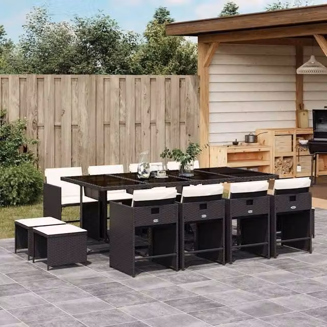 Berkfield Home 13 Piece Black Poly Rattan Garden Dining Set with Cushions – 1