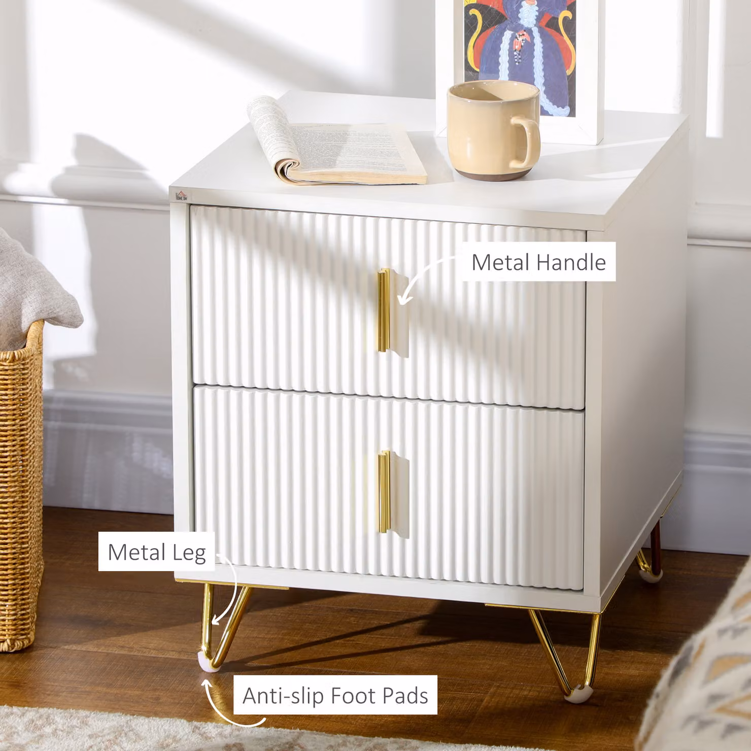 HOMCOM Set of 2 Elegant Two-Drawer Chests in White and Gold-Tone – 2